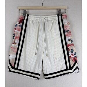 Footlocker LCKR Mens Mesh Athletic Gym Shorts Size S Ivory Floral Black Trim